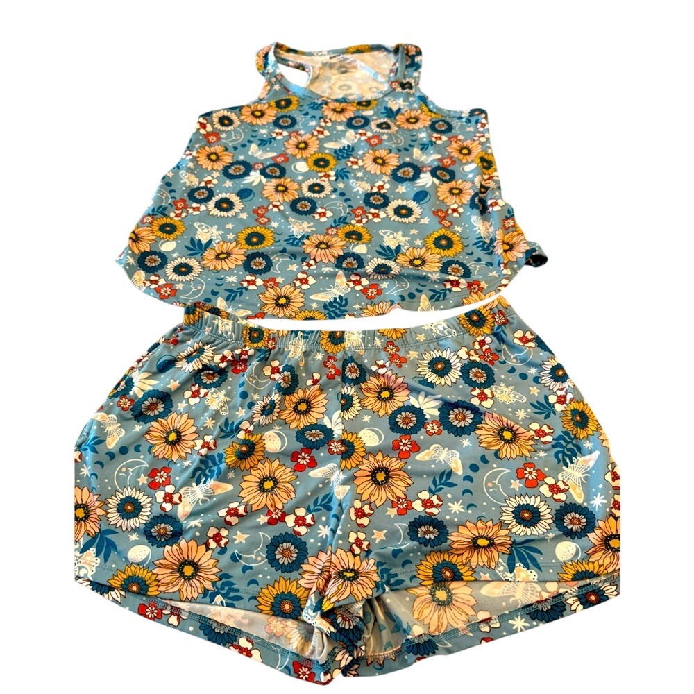 Joyspun Blue Celestial Floral Sunflower Pajama Set Tank and Shorts Medium 8-10